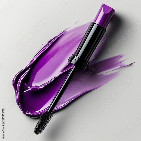 Obraz Eyelash brush with purple mascara smear on white background. Cosmetics and make-up concept. Flat lay for poster, commercial, presentation