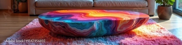 Fototapeta Unique resin coffee table, vibrant canvas art, plush rug , abstract, home decor, color