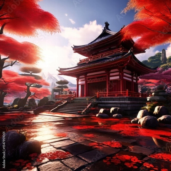 Fototapeta an AI Image Generator, Japanese Temple With Vibrant Red Maple Trees