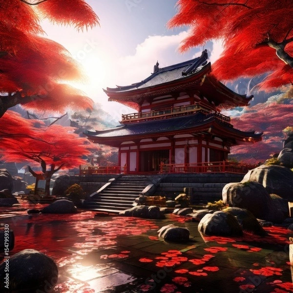 Fototapeta an AI Image Generator, Japanese Temple With Vibrant Red Maple Trees