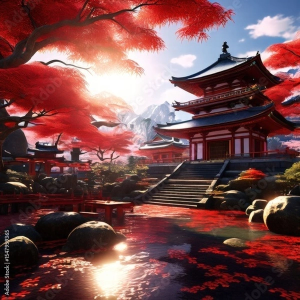 Fototapeta an AI Image Generator, Japanese Temple With Vibrant Red Maple Trees