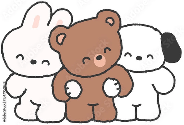 Fototapeta 토끼 곰 강아지가 함께 웃고 있는 귀여운 손그림 일러스트