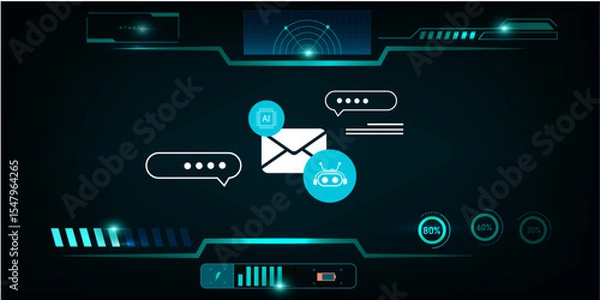 Fototapeta Advanced Customer Support Interface Featuring Email, Chatbot, and AI Tech on a Sci-Fi HUD-Style Background