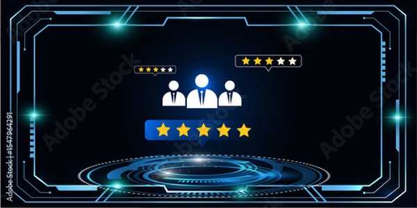 Fototapeta Futuristic HUD Interface with Customer Rating Icons and Business Support Concept in Blue Tech Background