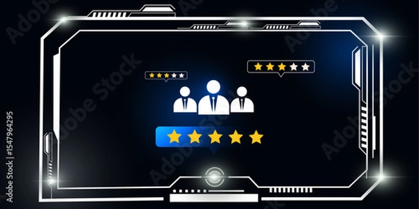 Fototapeta Futuristic HUD Interface with Customer Rating Icons and Business Support Concept in Blue Tech Background