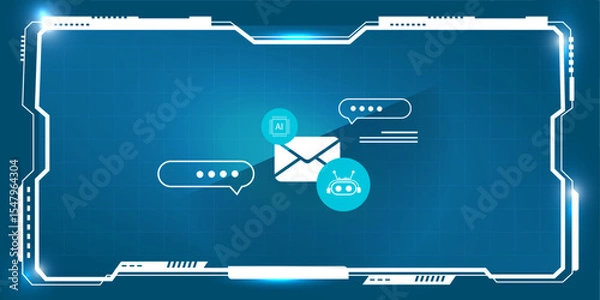 Fototapeta Artificial Intelligence Customer Support – Email and AI Chatbot Icons Displayed on Futuristic HUD Screen Concept