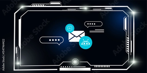 Fototapeta High-Tech Digital Background Featuring Email and AI Assistant Icons – Concept for Smart Chat Support Systems

