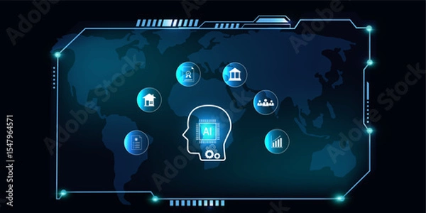 Fototapeta Technology-Inspired HUD Display with AI Elements Assisting Real Estate, Corporate, and Banking Solutions