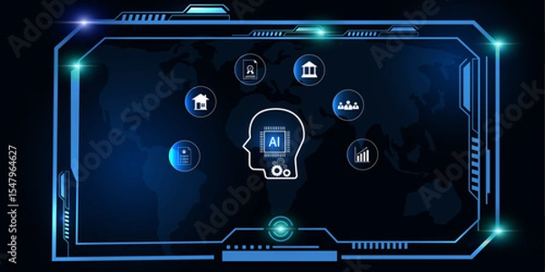 Fototapeta Technology-Inspired HUD Display with AI Elements Assisting Real Estate, Corporate, and Banking Solutions