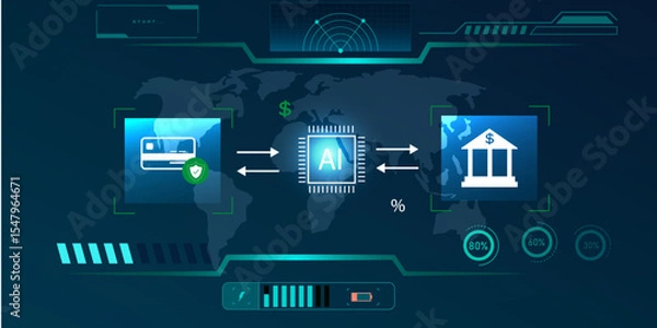 Fototapeta Futuristic Digital Payment System Interface with AI and Credit Card Icons in a Smart Banking
