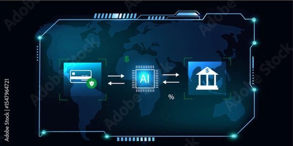 Fototapeta High-Tech global Digital Payment Concept with HUD Layout, AI Icons, Bank Symbols and Smart Finance Visuals
