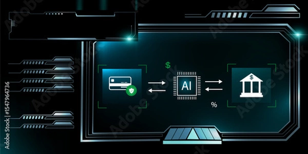 Fototapeta Digital Finance Concept with Futuristic HUD, Payment Cards, AI Tech and Secure Banking 