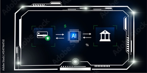 Fototapeta Modern Fintech HUD Background with Payment Card, Bank, and AI Icons Representing Digital Finance
