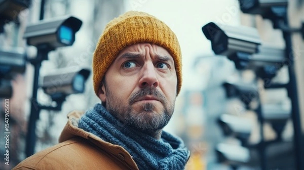 Obraz Man in Yellow Hat Looks Up at Security Cameras in Snowy City