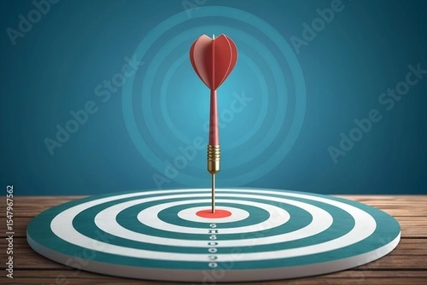Fototapeta Red dart hitting bullseye on target goal achievement focus success