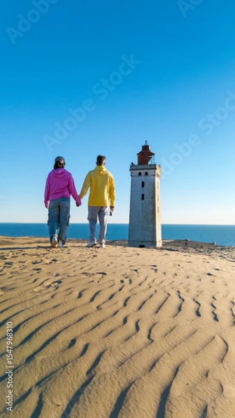 Fototapeta Couple exploring the sandy dunes near the iconic lighthouse in Denmark on a sunny day
