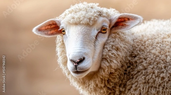 Fototapeta Woolly sheep portrait showcasing soft fleece against a blurred background in a serene pasture with natural lighting at midday