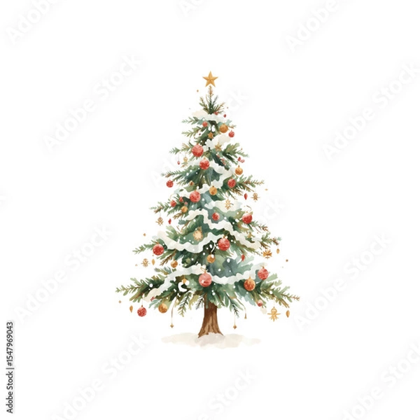 Obraz Watercolor Christmas Tree with Snow and Ornaments - Festive Holiday Decoration