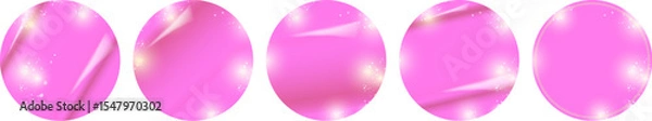 Fototapeta Pink Glossy Round Stickers Set Vector: Collection of Shiny Circles with Light Reflections and Glitter on White Background, Ideal for Labels, Bubbles, and UI Elements