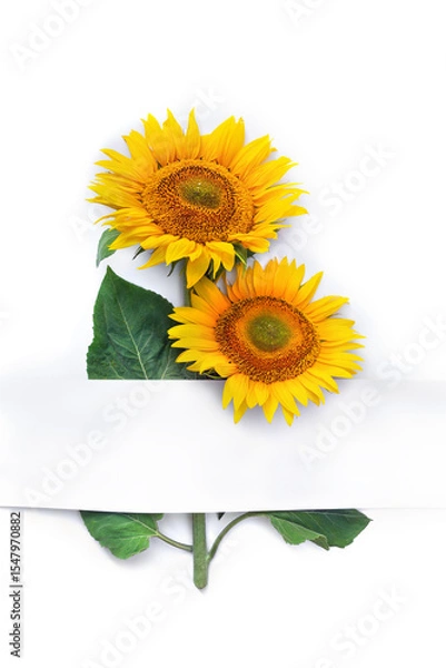 Obraz Bouquet of yellow flowers sunflower with white paper card with space for text on a white background. Top view, flat lay