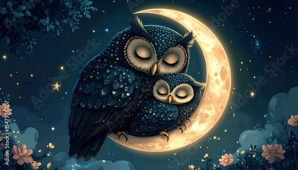 Obraz 三日月と眠る親子のフクロウ
