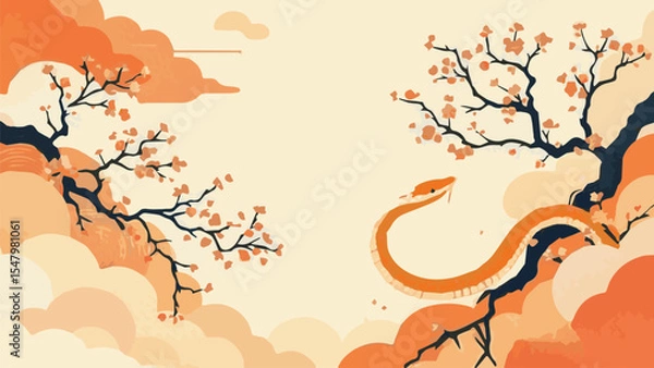 Obraz Autumn tree silhouette with red leaves and floral branches, a vibrant nature illustration