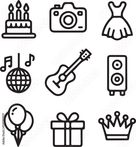 Obraz Birthday party vector icons set: hat, cake, gift, and music symbols collection