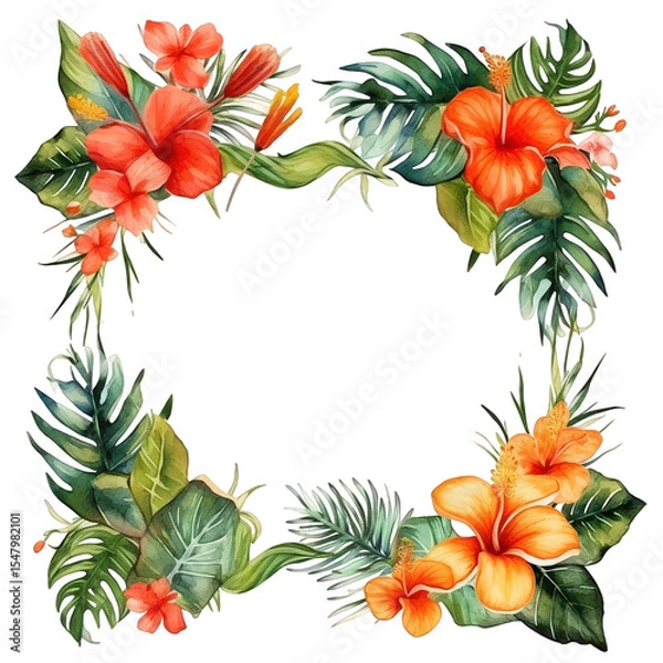 Fototapeta Watercolor tropical floral frame with hibiscus and jungle leaves. Colorful square botanical border for wedding, invitation,  card, summer greeting decorative design and exotic art projects..
