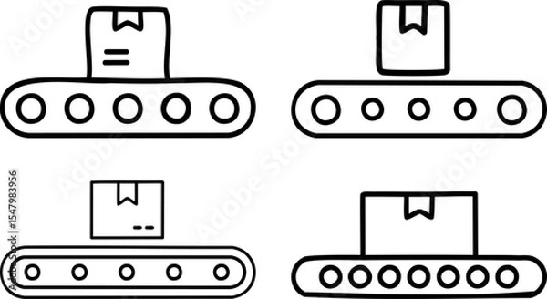 Fototapeta Conveyor Belt with Package Icon Set Black and white Logistics and Automation Line Illustration