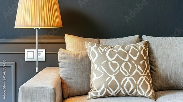 Fototapeta Beige couch with patterned pillows, lamp, dark wall