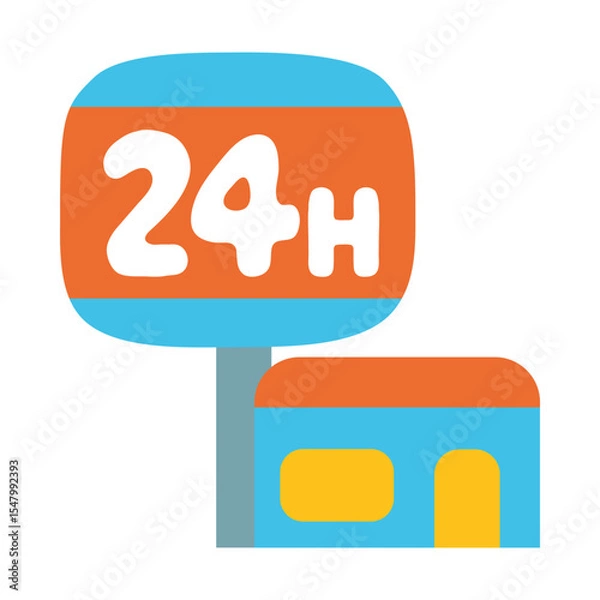 Fototapeta 24-Hour Service Sign, Convenience Store Cartoon-Style Isolated on White Background