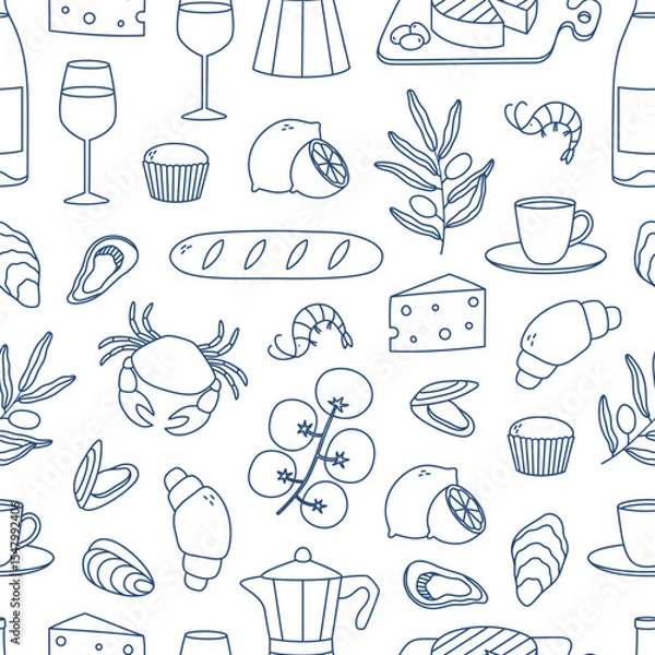 Obraz Hand drawn outline mediterranean food seamless pattern. Doodle drawing for print, menu design, poster, banner