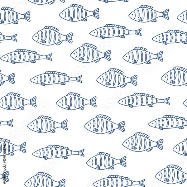 Obraz Seamless pattern with hand drawn blue outline grilled fish on white background. Doodle drawing for menu design, print, poster, banner.