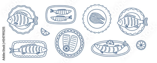 Obraz Set of hand drawn outline grilled fish on the plates. Doodle drawing for menu design, print, poster, banner.
