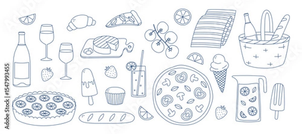 Obraz Hand drawn outline mediterranean food set. Doodle drawing for print, menu design, poster, banner