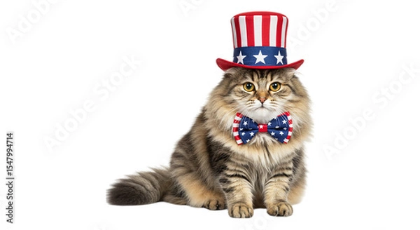 Obraz Cat in Patriotic Attire: An adorable cat models in patriotic attire, wearing a stylish Uncle Sam hat and matching bow tie, embodying the spirit of freedom and celebrating national pride.
