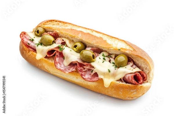 Obraz Sandwich filled with salami, melted cheese, and green olives, served on a crusty baguette