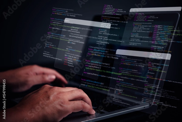 Fototapeta Software developer coding, digital security, data protection. Cybersecurity expert programming language, code overlay. Network defense, future technology, secure data, IT infrastructure.
