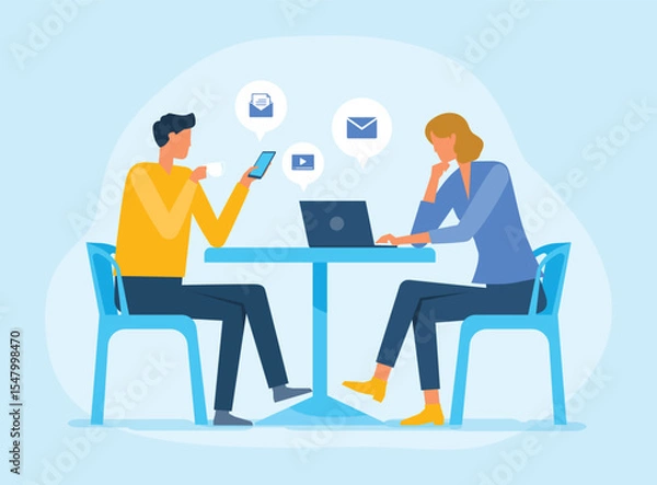 Fototapeta business marketing team  meeting and working together. men use mobile phones and women work with laptops. People work from anywhere concept. flat vector illustration design.  
