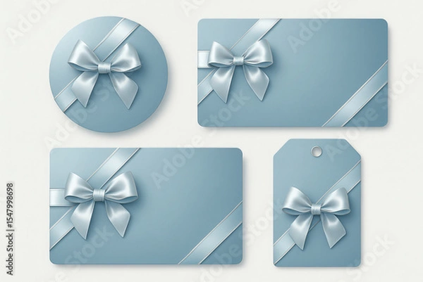 Fototapeta A sophisticated set of digitally rendered gift cards and tags with icy blue backgrounds, decorated with silver and white diagonal ribbons and bow