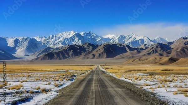 Fototapeta A wide road leads to the snow-capped mountains of Almaty. In the foreground, there is an endless desert with yellow grass and sand dunes, under a clear blue sky. 