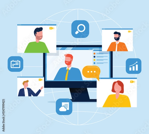 Fototapeta flat vector design business team working and meeting with video conference platforms. online meeting. technology remote working. People work from anywhere concept.
