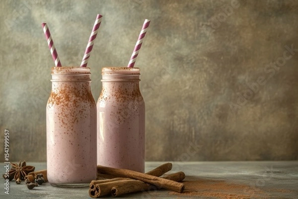 Fototapeta Two pink smoothies in glass bottles with cinnamon and straws. Use for drink blogs, recipe books, healthy eating content.