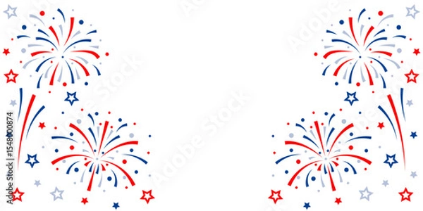 Obraz Firework vector icons set isolated on transparent background with copy space. Celebrate 4th of July banner. Red, blue, white usa flag color firework border, firecracker frame.