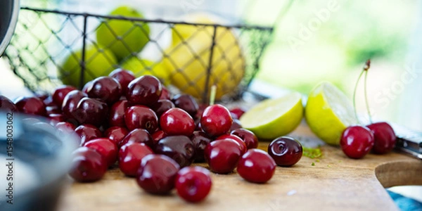 Obraz Fresh red cherries for making homemade jam. Sugar, lime and lemon for preserving fruit. Background for homemade jam.