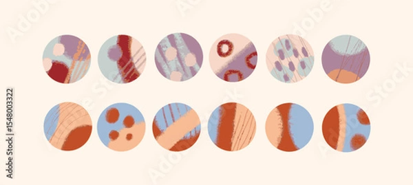 Obraz Set of abstract hand-drawn circle symbols with textured brush strokes. Organic doodle patterns in muted red, blue, lilac and beige. Modern minimalist artistic decoration on light background.