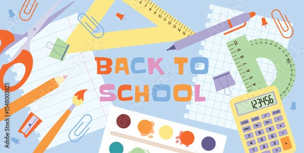 Obraz Back to School Banner with Colorful Stationery Supplies. Calculator, Scissors, Pen, Pencil, Paints, Paintbrush, Protractor, Sharpener, Clip, Push Pin on Paper Background. Vector Illustration