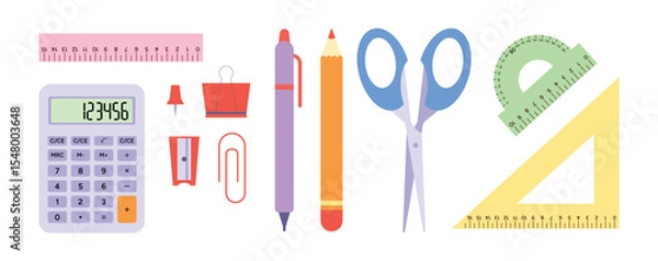 Obraz School Supplies Set. Calculator, Pen, Pencil, Push Pin, Clip, Sharpener, Scissors, Rulers, Triangle and Protractor. Isolated Objects. Flat Vector Illustration Design