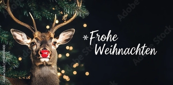 Fototapeta Photo of a happy deer with a red nose, text "Frohe Weihnachten" under a Christmas tree background in German and English, written on the right side of the poster, black solid background, Generative Ai 