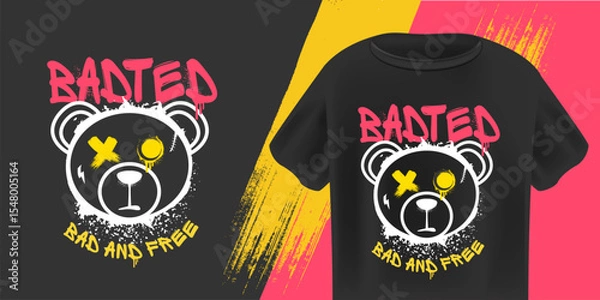 Fototapeta Badted Urban Grunge T-Shirt Design Vector Stylized Bear Head with X-Eyes, Grunge Texture, and Bad and Free Slogan on Black Background. Bad gangster bear sticker and print